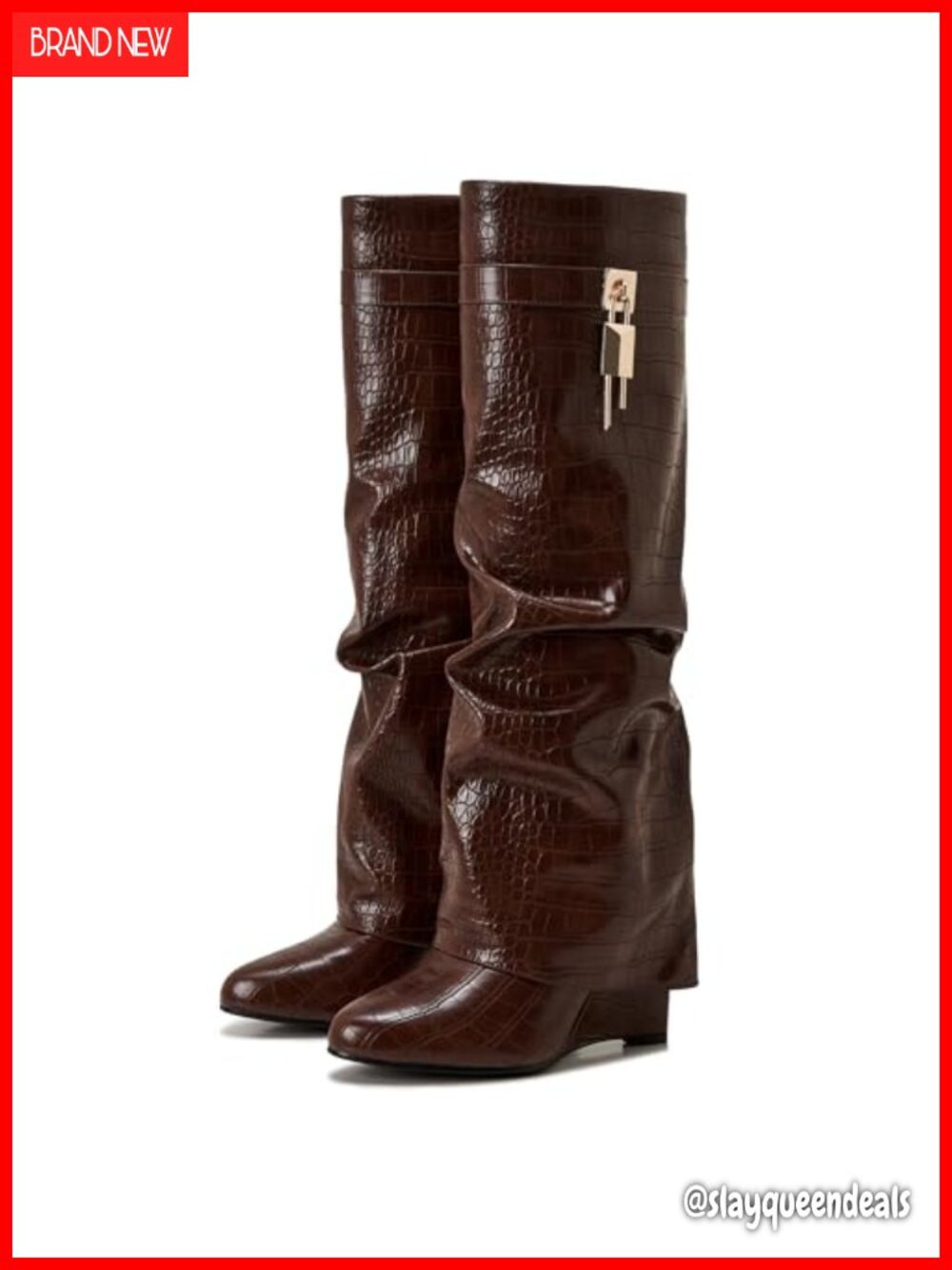 Women's Fold Over Knee High Shark Boots 4-Inch Wedge Heel Pull-On PU